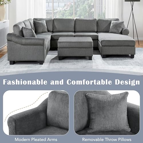 Sectional Sofa 111.8" U Shaped Sofa Chenille Upholstered Sofa Couch with Movable Storage Ottoman for Living Room, Dark Gray