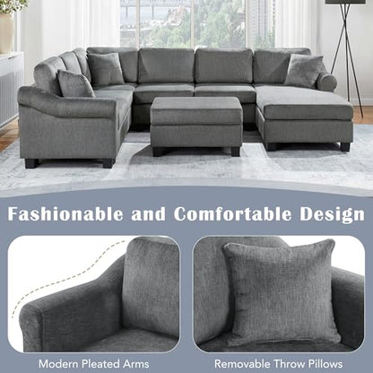 Sectional Sofa 111.8" U Shaped Sofa Chenille Upholstered Sofa Couch with Movable Storage Ottoman for Living Room, Dark Gray