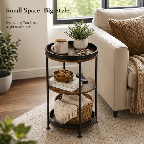 Side Table, Round End Table with 3 Storage Shelves for Living Room, Bedroom, Nightstand with Steel Frame for Small Spaces, Industrial Round Sofa Table, Outdoor Accent Coffee Table, Rustic Brown