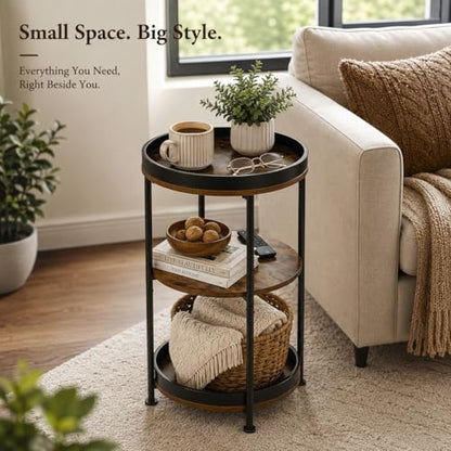 Side Table, Round End Table with 3 Storage Shelves for Living Room, Bedroom, Nightstand with Steel Frame for Small Spaces, Industrial Round Sofa Table, Outdoor Accent Coffee Table, Rustic Brown