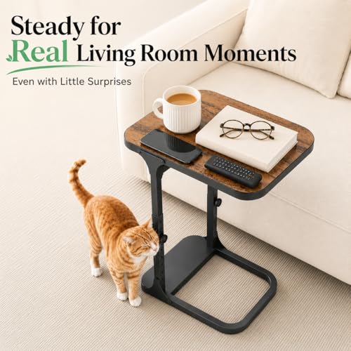 Ultra Stable & Durable End Table, Ajustable Height C Shaped Side Table for Couch, Sofa Side Table with Thickened Metal Frame for Living Room, Bedroom, Rustic