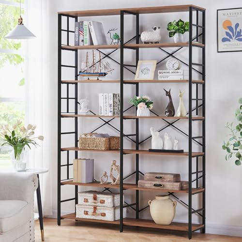 Bookshelf, Industrial Double Wide 7-Tier Bookshelves, 84" Tall Bookcase with Open Shelves, Heavy Duty Bookcases with Storage for Living Room Home Office, Rustic Brown