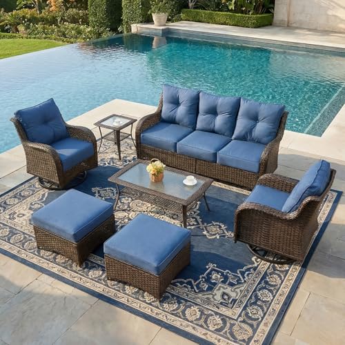 Patio Furniture Set, 7PCS Outdoor Wicker Conversation Set with 6" Thick Cushions, High Back Rattan Sofa & Swivel Rocker Chairs, Weather Resistant Olefin Fabric for Garden, Poolside, Navy Blue