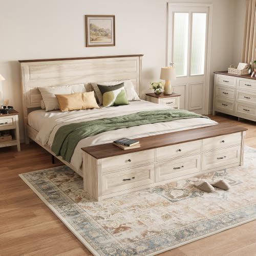 Farmhouse King Bed with Headboard and Storage Bench, Antique White, view 6