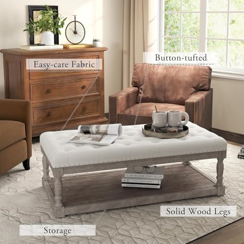 Ottoman Coffee Table, Large Rectangle Ottoman with Storage - Upholstered Cushioned Bench for Living Room, Tufted Linen Fabric with Solid Wood Shelf, Entryway Bench (Beige)