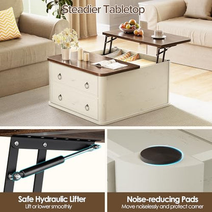 31.5" Lift Top Coffee Table with Storage,Square Coffee Tables with Lifting top for Living Room,Farmhouse Coffee Table with Storage Drawers and Large Hidden Compartment,Rustic White+Walnut
