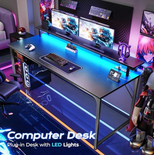 55 inch Gaming Desk, LED & Power Outlets, Monitor Stand, Black, view 5