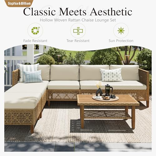 Outdoor Rattan Sofa Set with Thick Cushions & Coffee Table, Weather-Resistant Patio Furniture Set Sectional Couch for Patio Backyard Deck(Beige)
