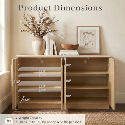 110" Fluted Wood Sideboard Buffet Cabinet with Storage, Natural, view 3