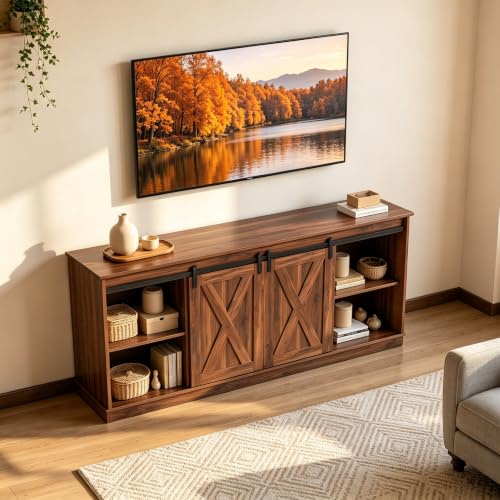 Farmhouse TV Stand for 65" TV, Media Console, Sliding Barn Doors, view 3