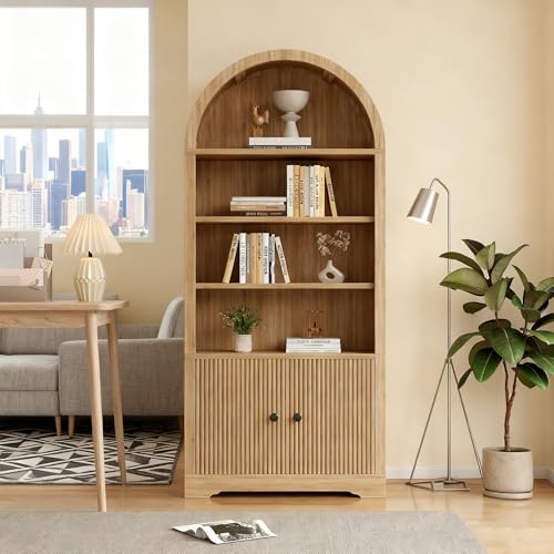 70" Modern Tall Arched Bookshelf, 2 Doors 6 Tiers Arch Cabinets with Storage, view 2
