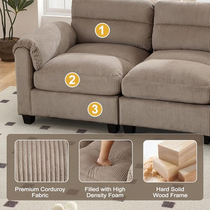 90" Wide Modular L Shaped Sofa Couch with Movable Ottoman, Convertible Corduroy Sectional Couches with Reversible Chaises and Rolled Arm for Living Room,Brown