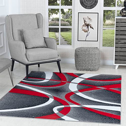 Modern Red Area Rug 4x6 Grey Swirls Carpet Bedroom Living Room Contemporary Dining Accent Sevilla Collection 4816A (Red)
