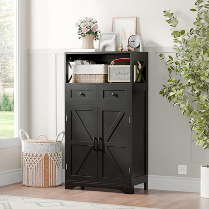 Farmhouse Storage Cabinet, Bathroom Floor Cabinet Kitchen Pantry with Doors and Drawers, Hutch Cupboard for Living Room, Bedroom, Laundry, Black