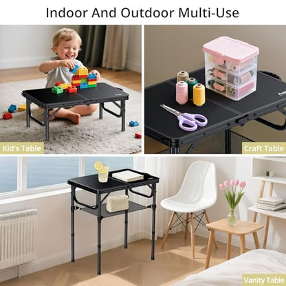 2ft Folding Camping Table with Storage Net, 3 Adjustable Heights Small Folding Table Lightweight & Portable with Carry Handle, for Camping, Fishing, Picnic, Beach, Outdoor, 22.8" x 15.7", Black