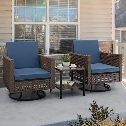 3 Pieces Patio Set w/2.8" Thick Cushions, All Weather Swivel Patio Furniture Set w/Wicker Rocking Chairs & Rattan Side Table for Backyard Deck Poolside, Blue
