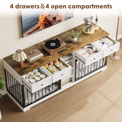 82" Double Dog Crate Furniture with Drawers and Shelves, White, view 5