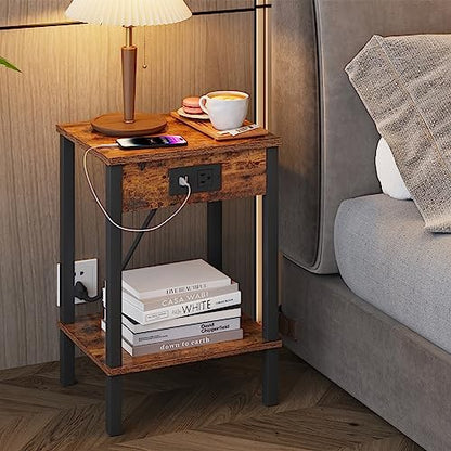 Side Table with Charging Station, Set of 2 End Tables with USB Port and Outlets, Nightstands with 2-Tier Storage Shelves, Sofa Table for Small Space, Living Room, Bedroom, Rustic Brown 102F2