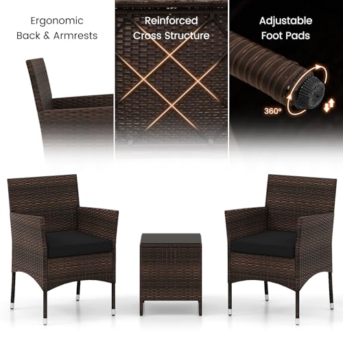 3 Pieces Patio Rattan Furniture Set, Outdoor Conversation Set with PE Wicker Armchairs, Tempered Glass Top Coffee Table, Soft Removable Cushions, for Porch Garden Yard Balcony (Black)