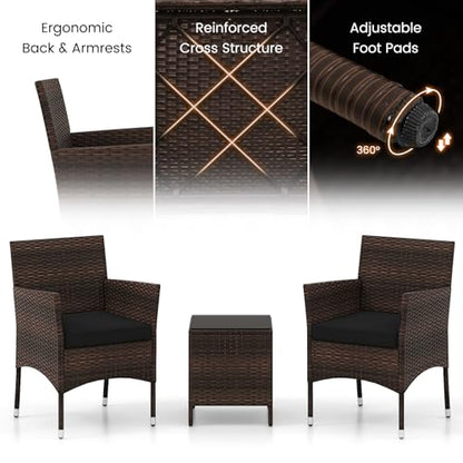 3 Pieces Patio Rattan Furniture Set, Outdoor Conversation Set with PE Wicker Armchairs, Tempered Glass Top Coffee Table, Soft Removable Cushions, for Porch Garden Yard Balcony (Black)