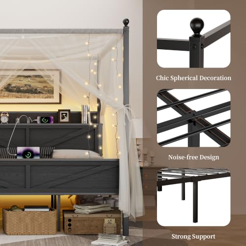 Metal Canopy Bed Frame King Size with Storage Headboard, view 6