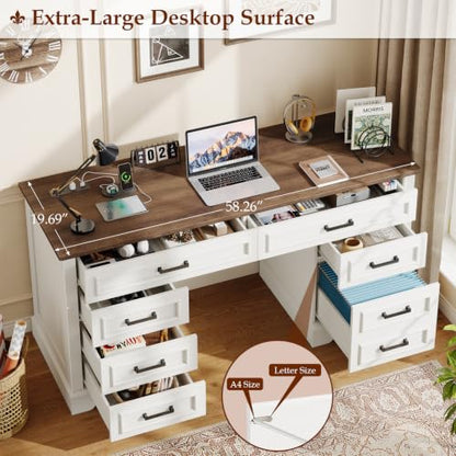58" Executive Desk with 7 Drawers, Large Computer Desk with Charging Station, view 7