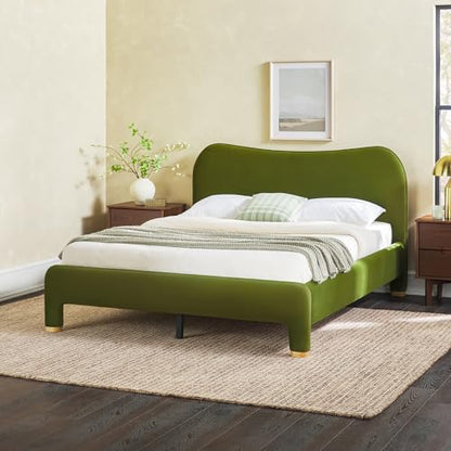 Chantelle Modern Curved Upholstered Queen Bed, Queen Size, Green Velvet