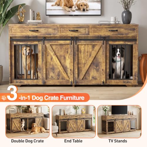 71" Double Dog Crate Furniture with 3 Drawers, view 5