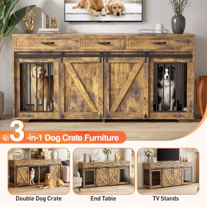 71" Double Dog Crate Furniture with 3 Drawers, view 5