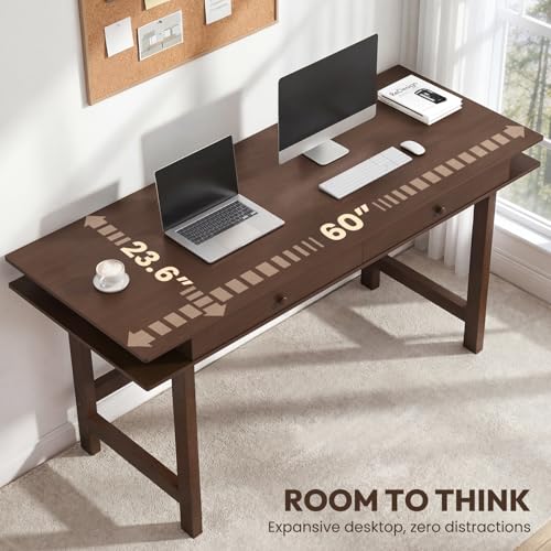 Double-Top Solid Wood Desk - 60-Inch Mid-Century Modern Writing Table with Drawers for Home Office, Study, and Creation, Rubberwood Computer Desk in Black Walnut