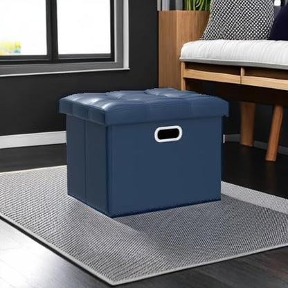Storage Ottoman 17x13x13in Leather Ottoman Rectangle Footrest Footstool Folding Ottoman for Room Dorm Small Collapsible Bench Seat Organizer Entryway Furniture with Handles Lid Royal Blue