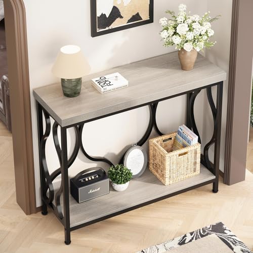 Narrow Entryway Table with Storage, Modern Wood Metal Console Sofa Table Behind Couch Tables, Industrial Narrow Hallway Table for Living Room Home Office Foyer Entry Way Entrance, Grey, 39.4 Inch