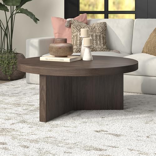 36" Fluted Round Low-Profile Coffee Table with Ribbed Pedestal Base Living Room, Family Room, or Office, Rich Brown