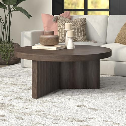 36" Fluted Round Low-Profile Coffee Table with Ribbed Pedestal Base Living Room, Family Room, or Office, Rich Brown
