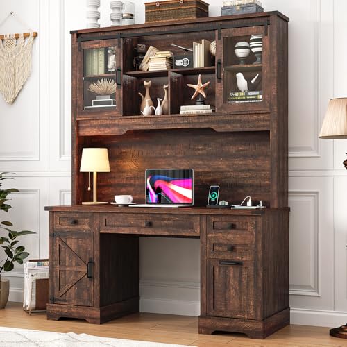 76" Height Farmhouse Desk with Sliding Door Hutch, view 2