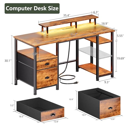 51" Computer Desk with Power Outlet and LED Lights, Reversible Home Office Desk with File Cabinet & Monitor Stand, Large Gaming Table with Storage Shelves & Drawer, Rustic Brown