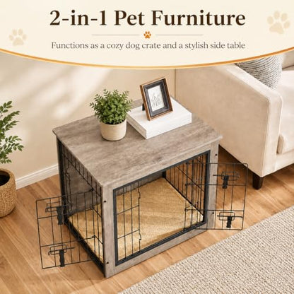 27.5in Wooden Dog Crate Furniture w/Cushion for Small Dogs, Gray, view 3