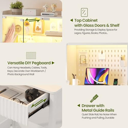 LED Writing Desk with Hutch and Pegboard and Power Outlet (White), view 6