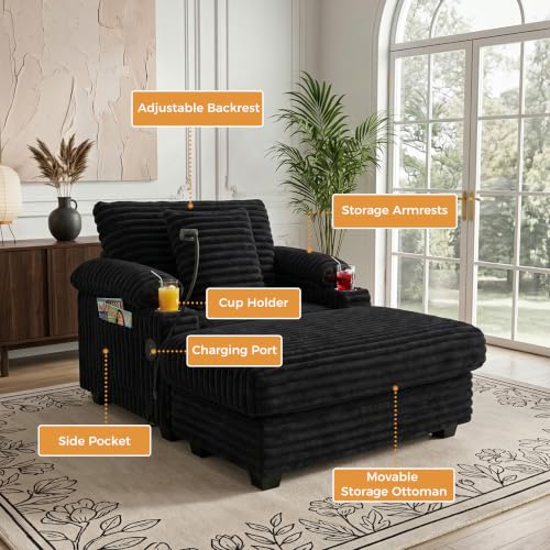 Chaise Lounge Chair with Adjustable Backrest, Storage Ottoman, view 6