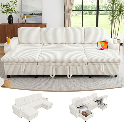 Modular Sectional Sleeper Sofa with Pull Out Bed, Plush Corduroy U Shaped Couch with Storage Chaise, USB Ports, Cup Holders, Comfy Sectional Couches for Living Room, Beige