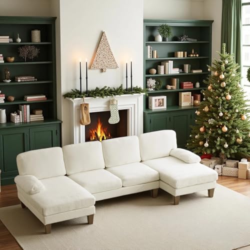 110" Sectional Couches for Living Room,U Shaped Couch with Double Chaise, 4-Seat Sofa Set with Chenille Fabric for Home Furniture,Beige