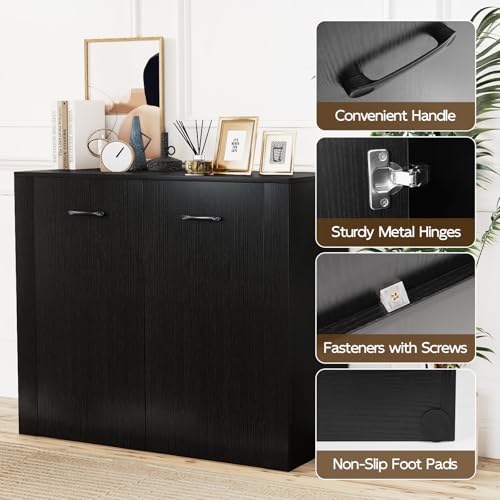 38-Inches Storage Cabinet, Sideboard with 2 Doors and 4 Cubic Shelves, Anti-Tipping Device, Sturdy Metal Hings, Credenza, Bathroom Cabinet for Living Room, Kitchen, Entryway, Black