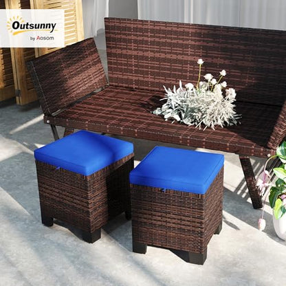 2 Pieces Outdoor Patio Ottomans, All Weather Wicker Footstools with Removable Cushions, 3-in-1 PE Rattan Ottoman Seat, Footrest and Side Table for Backyard, Poolside, Dark Blue