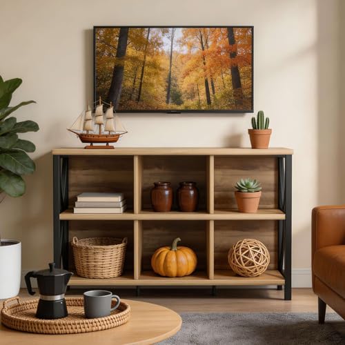 6 Cube Storage Organizer with Shelf, Long Wood and Metal Cubby Bookcase, Industrial Horizontal Bookshelf (Rustic Oak, 47 Inch)