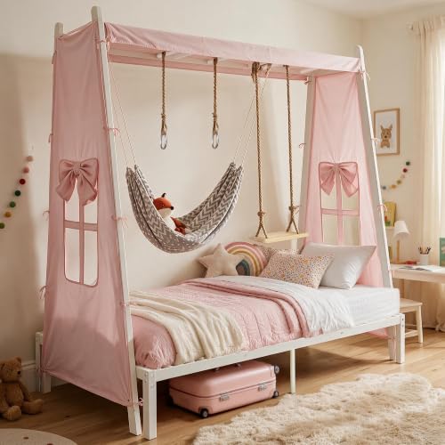 Twin Metal House Bed with Tent, Swing & Hammock, Pink Canopy Bed for Girls, view 7