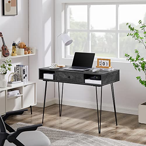 39.3" Home Office Work Table with Drawers,Computer Desk with Hairpin Leg for Writing/Study,Charcoal Grey