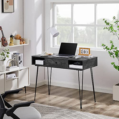 39.3" Home Office Work Table with Drawers,Computer Desk with Hairpin Leg for Writing/Study,Charcoal Grey