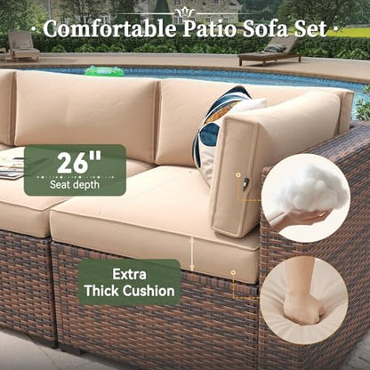 8 Piece Patio Furniture Set with 44” Fire Pit Table Wicker Rattan Outdoor Sectional Sofa Set with Coffee Table and Thickened Cushions, Beige