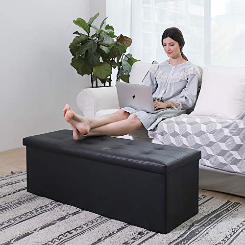 43 Inch Folding Storage Ottoman Bench 125L Hold up 700lbs Ottoman with Storage Chest Foam Seat Padded Foot Rest Stool Faux Leather Bedroom Bench with Storage Coffee Table Black
