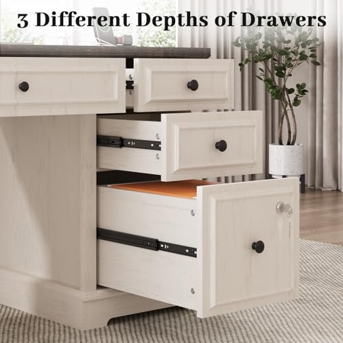 59" Executive Desk, Farmhouse Computer Desk with Drawers, Lockable File Drawer, Storage Cabinet & Power Outlet, Rustic Home Office Desk, Workspace for Work Study Writing, White